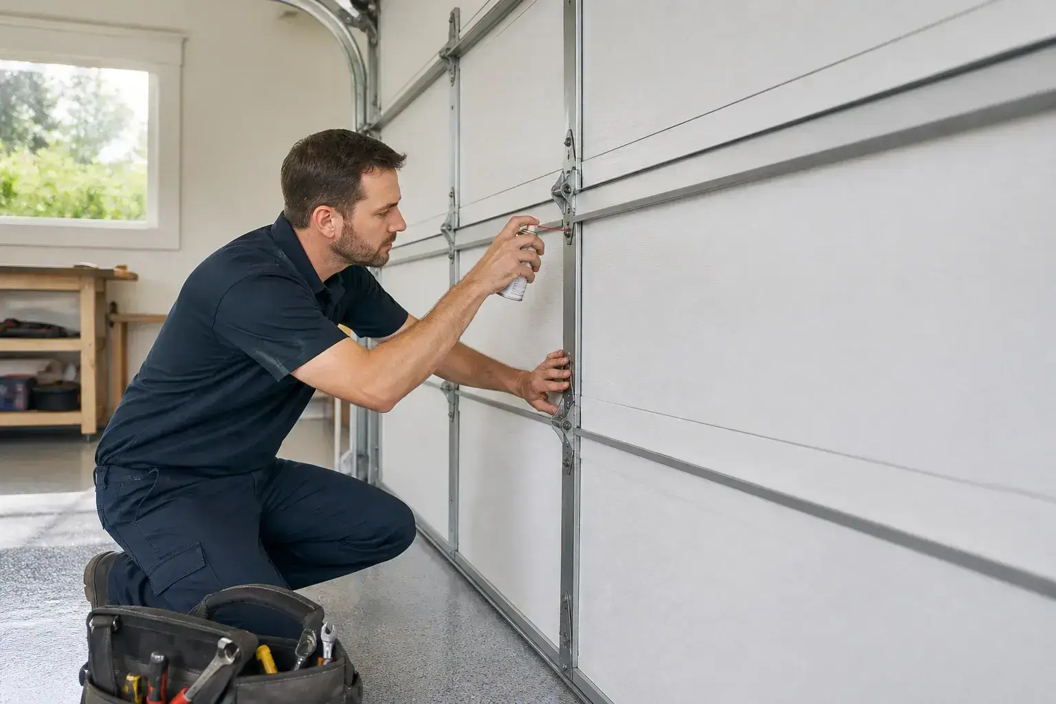 Garage door technician working on residential garage door